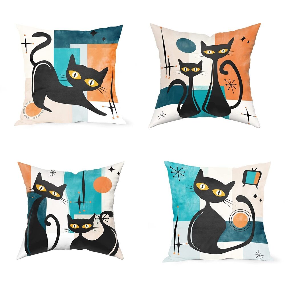 2039 Black Cat Pillows Retro Atomic Cat Cushion Covers Mid Century Pillow